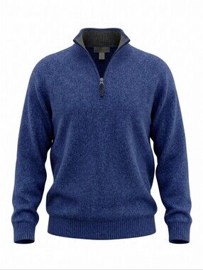 R & R Casual Men's Indigo Quarter-Zip Knit Sweater 100% Merino Wool Men's MED